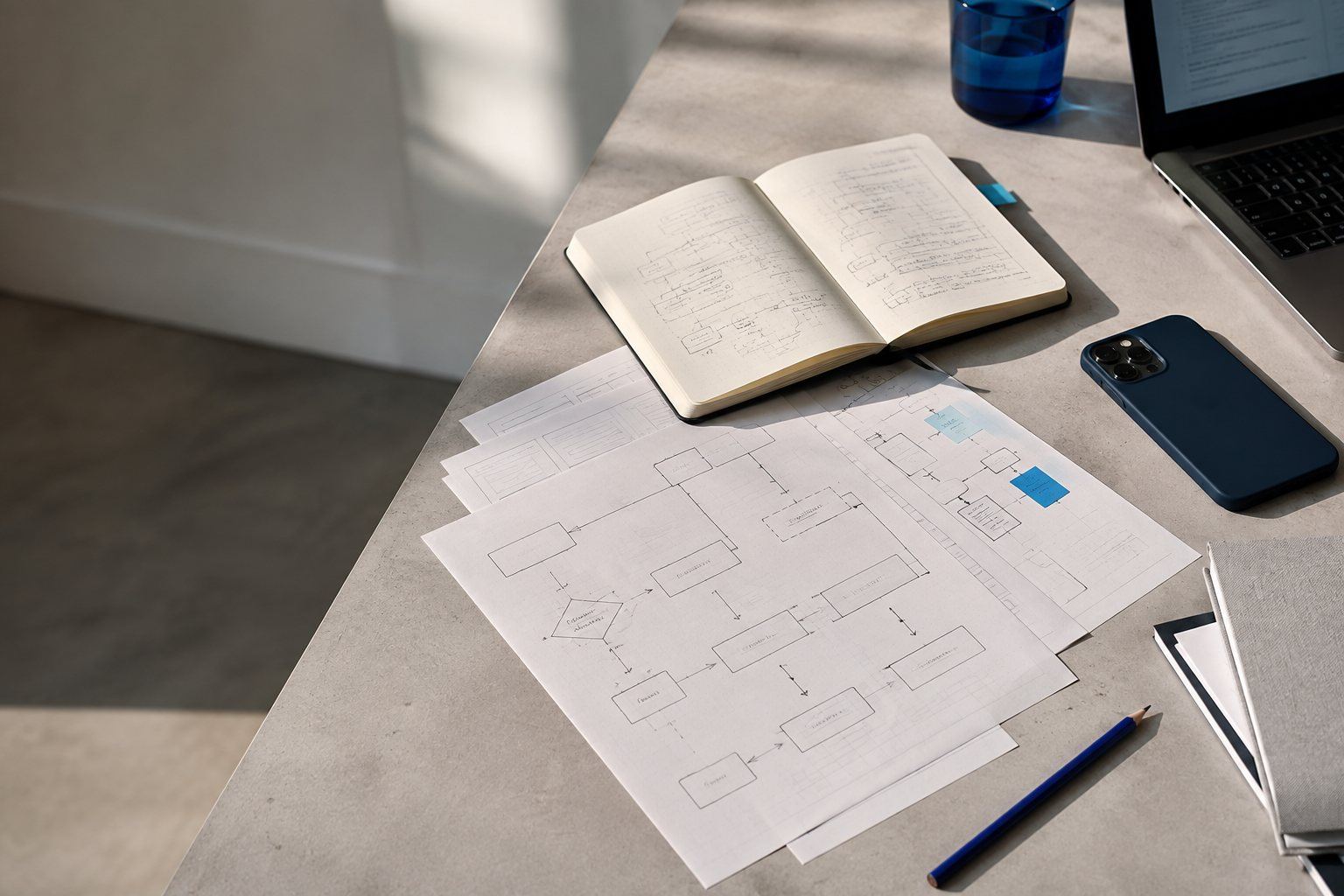 Process maps and notes from an assessment laid out on a desk